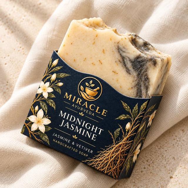 Close view of Midnight Jasmine soap with jasmine and vetiver