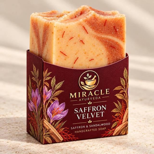 Close view of Saffron Velvet soap with saffron and sandalwood