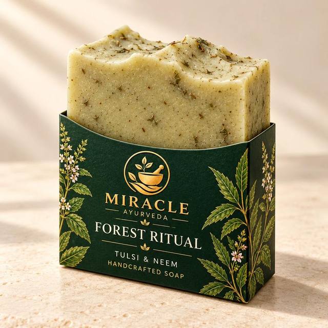 Forest Ritual soap with tulsi and neem in its paper sleeve