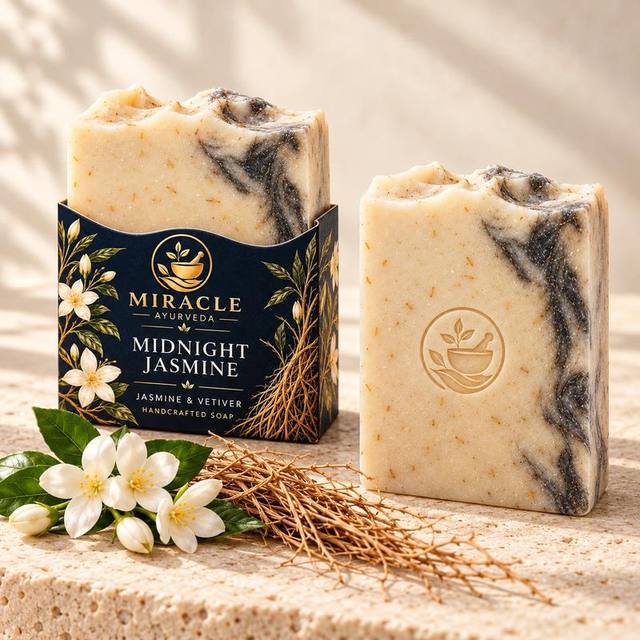 Midnight Jasmine soap with jasmine and vetiver, with ingredients