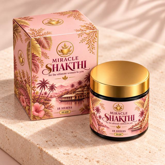 Miracle Shakthi 50 gm box and jar on a stone plinth