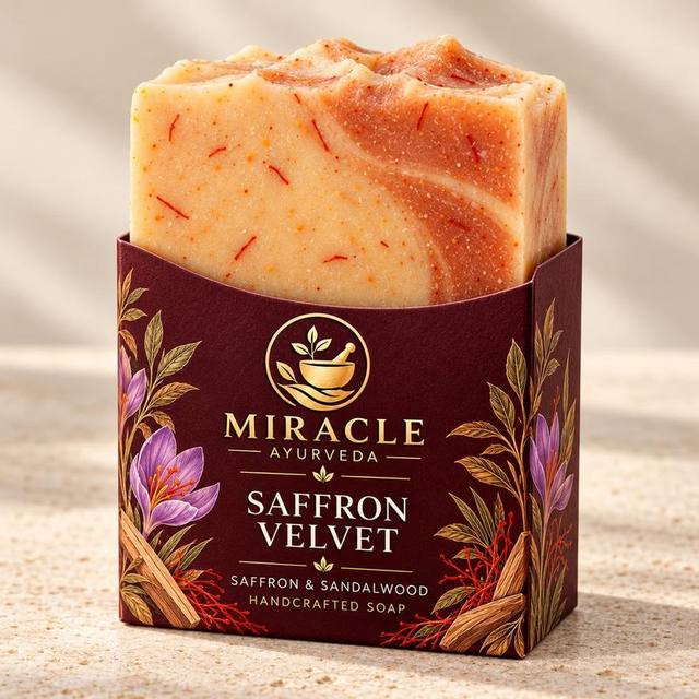 Saffron Velvet soap with saffron and sandalwood in its paper sleeve